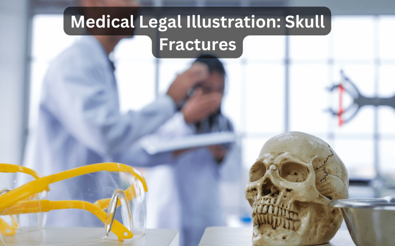 How are skull fractures depicted in a medical legal illustration